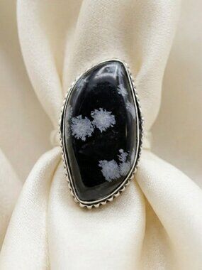 Snowflake Obsidian Adjustable Ring Black White Natural Shape 1.15"